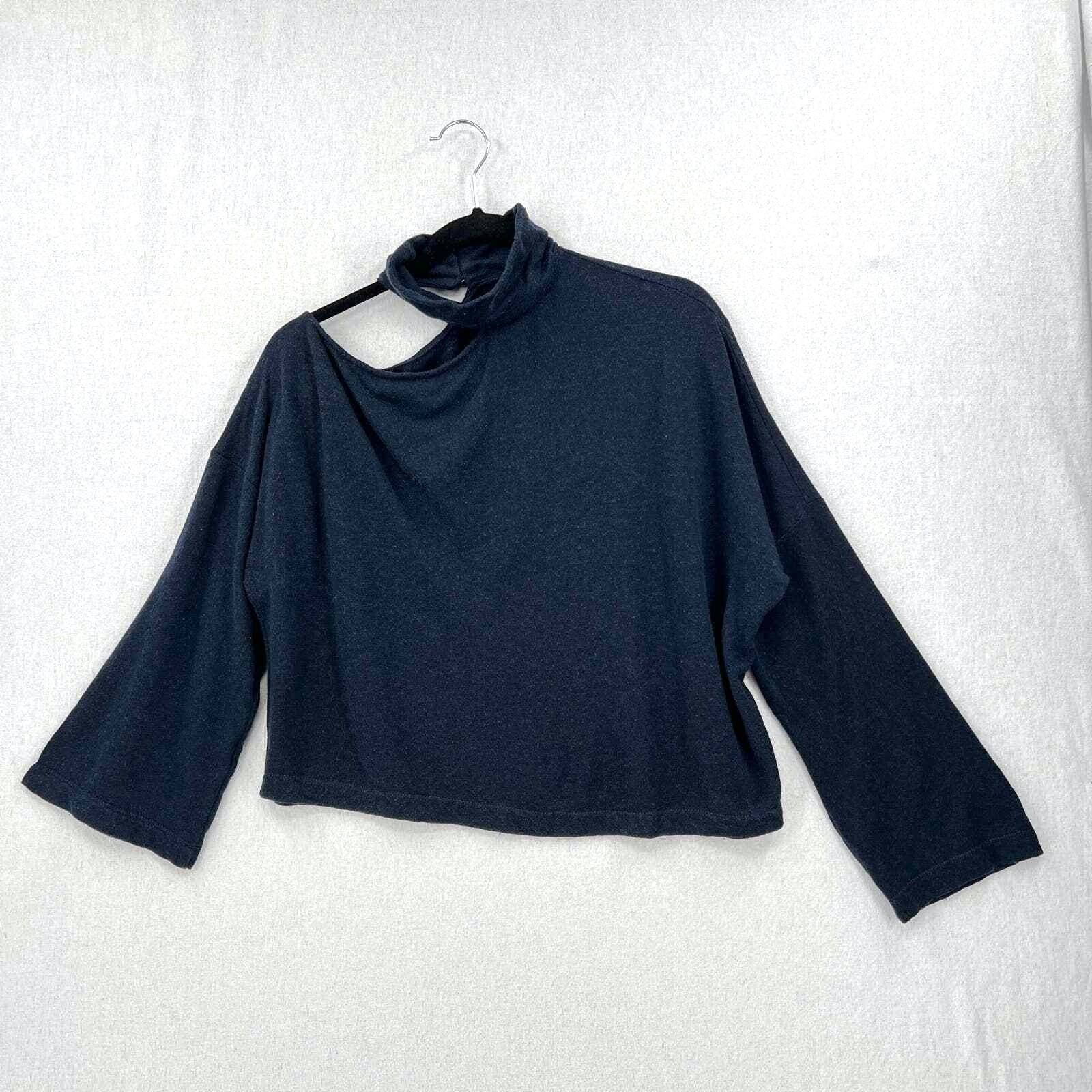 Enza Costa Detached Mockneck Top Women Medium Navy Blue Slouchy Knit Long Sleeve